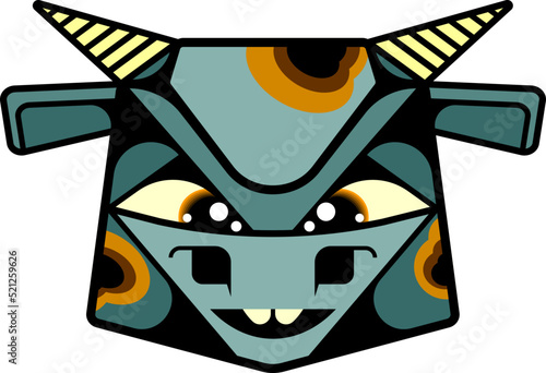 The bull is in color. Outline character. The cartoon character smiles and looks forward. He has brown spots on his body with a transition.