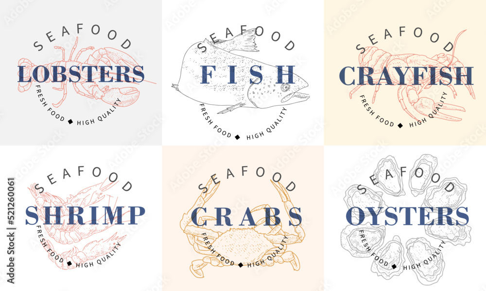 Collection of fish and seafood labels. Lobsters, shrimps, oysters, crayfish, crabs, fish in engraved style