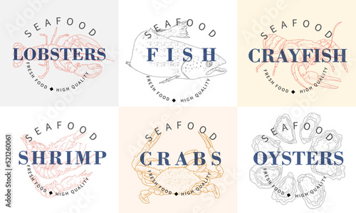 Collection of fish and seafood labels. Lobsters, shrimps, oysters, crayfish, crabs, fish in engraved style
