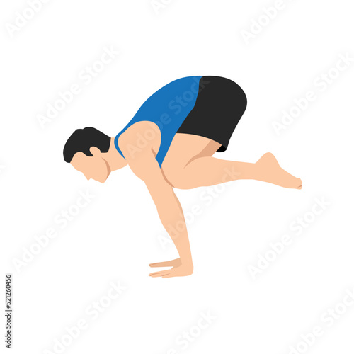 Man doing crane pose - Bakasana Yoga pose. Man workout fitness, aerobic and exercises. Flat vector illustration isolated on white background