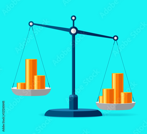 A pile of coins outweighed another. Money icons on scales in flat style. Libra symbol, balance sign. Vector business elements for your project