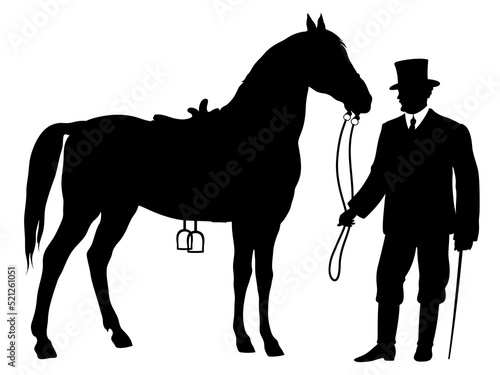 Silhouette of young horseman in historical clothing with standing horse. Rider in victorian dress.
