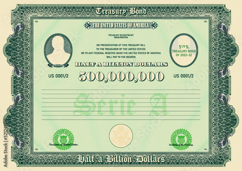 Vector treasury bond with a face value of half a billion US dollars. Retro frame with guilloche pattern. Ribbon with the inscription McKinley