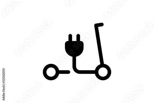 Electric push scooter icon. Black cable electrical kick e-scooter contour and plug charging symbol. Eco friendly electro vehicle sign concept. Vector battery powered transportation eps illustration