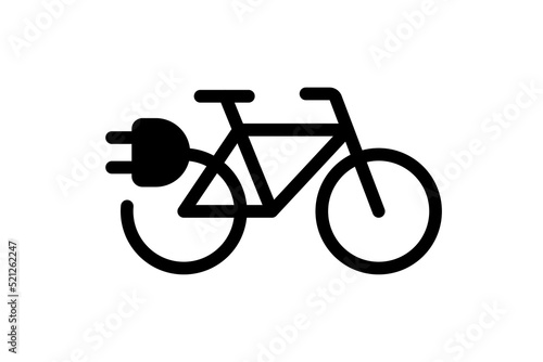 Electric bicycle icon. Black cable electrical bike contour and plug charging symbol. Eco friendly electro cycle vehicle sign concept. Vector battery powered e-bike transportation eps illustration