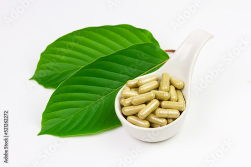 Mitragyna Speciosa Korth or kratom capsules on white bowl with green leaf isolated on white background. 