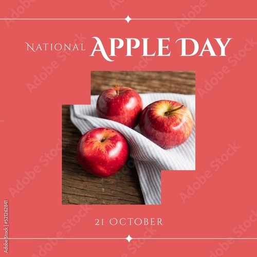 Composite of apples and napkin on table with national apple day and october 18 on pink background