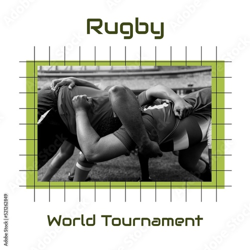 Composite of rugby world tournament text and players performing scrum in rugby match on grid pattern