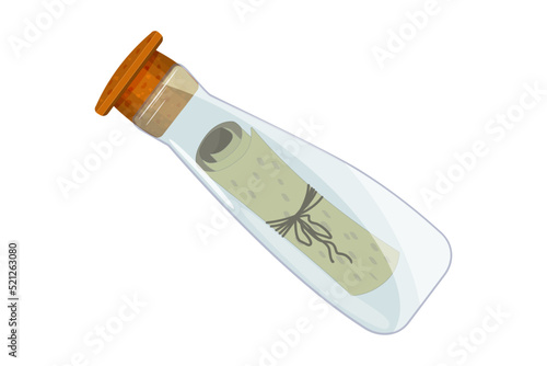 Bottle with message. Letter in glass bottle with cork. Bottle with paper scroll. Pirates, treasures, adventures or marine symbol. Mail or paper roll in flask covered with stopper. Vector illustration