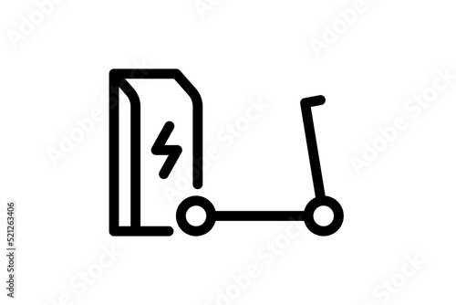 Electric push scooter charging in charger station linear icon. Electrical kick e-scooter energy charge black symbol. Eco friendly electro vehicle recharge sign. Battery powered EV transportation. Eps