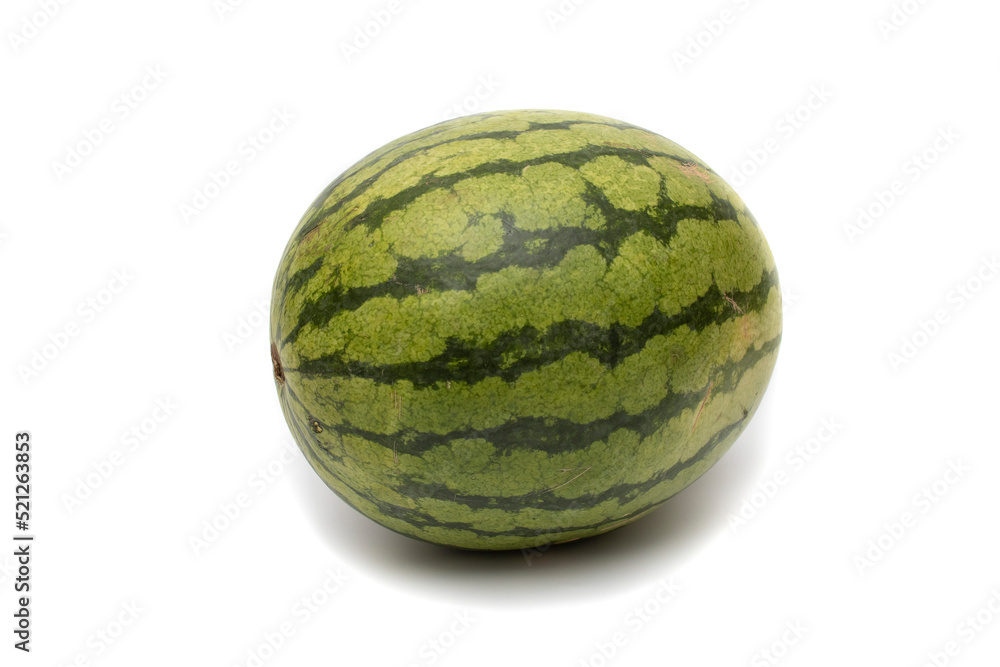 One whole watermelon, isolated on white background. It is originally from Africa with a great presence and diffusion throughout the world. One whole watermelon, isolated on white background. It is originally from Africa with a great presence and diffusion throughout the world.