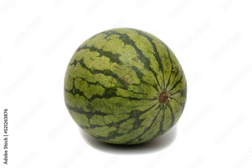 One whole watermelon, isolated on white background. It is originally from Africa with a great presence and diffusion throughout the world. One whole watermelon, isolated on white background. It is originally from Africa with a great presence and diffusion throughout the world.