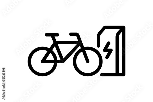 Electric bicycle charging in charger station linear icon. Electrical bike energy charge black symbol. Eco friendly electro cycle recharge sign. Vector eps battery powered e-bike transportation