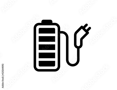 Rechargeable battery with cord and electric charging connector linear icon. Accumulator charger plug black symbol. Electricity equipment power bank charge sign. Fully charged electro element. Vector