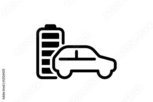 Electric car with fully charged battery energy indicator black linear icon. Electrical transportation accumulator charger symbol. Full charging electro power auto. Eco friendly vehicle recharge sign