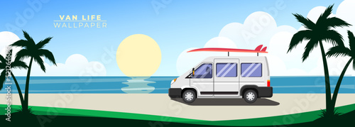 Van Life wallpaper. Red van with a surfboard on the road on the beach with sunset in the background. Camper van. Motorhome. Road trip.