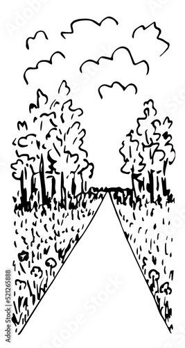Simple black outline vector drawing. Vertical summer landscape. Walk in the park, alley, clouds in the sky, flowers and grass, trees, lawn. Road into the distance, journey, path. Nature.