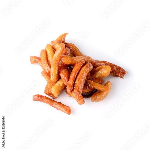 savory and crunchy snack coated with sugar syrup on white background, traditional and popular indian sweet murukku