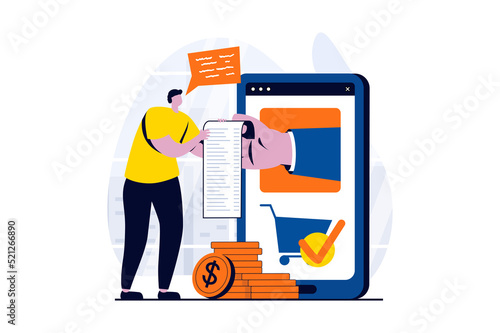 Fototapeta Naklejka Na Ścianę i Meble -  Electronic receipt concept with people scene in flat cartoon design. Man receives invoice for paying taxes and makes online payment using mobile application. Illustration visual story for web