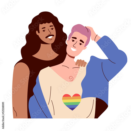 Two gay men smile and hug. Interracial lgbt, rainbow flag and love