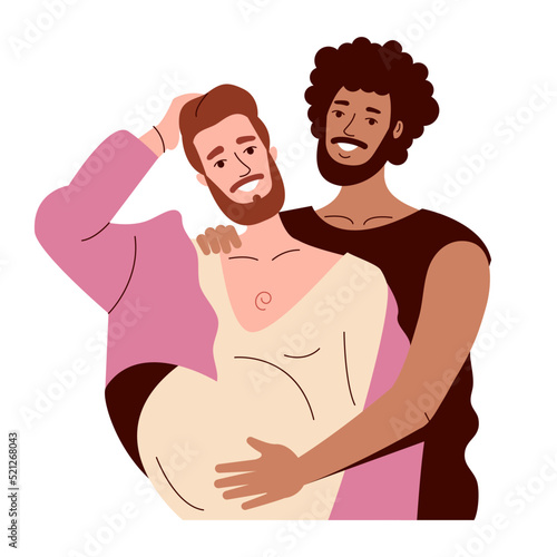 two gay men of different races hug. the dark guy smiles. Pregnant transgender queer man, pink hair