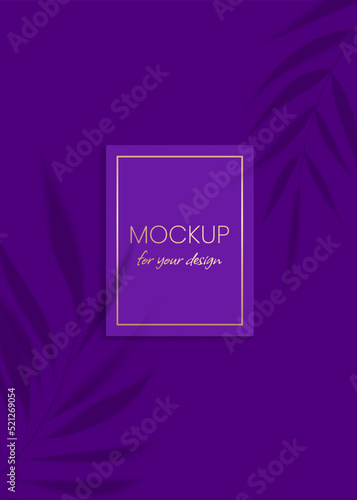 Plant shadow overlay vector mockup horizontal business card. Realistic shadows overlays tropic leaf on purple background. Template card, blank, social media post, flyer, logo in luxury trendy style.
