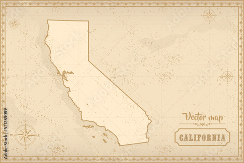 Map of California in the old style, brown graphics in retro fantasy style