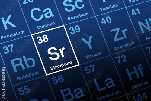 Strontium on periodic table of the elements. Alkaline earth metal and chemical element with atomic number 38 and symbol Sr, named after the Scottish village Strontian. Used as red color for fireworks. photo