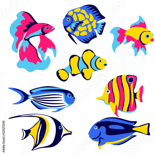 Set of tropical fishes. Marine life aquarium and sea animals. Fototapet