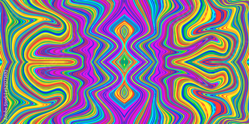 Colorful psychedelic seamless marble pattern with hallucination twists. Vector liquid acrylic texture. Flow art. Trippy 70s textile background. Tie dye simple artistic effect. Groovy design