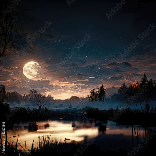 Beautiful landscape of a lake under a stary sky
