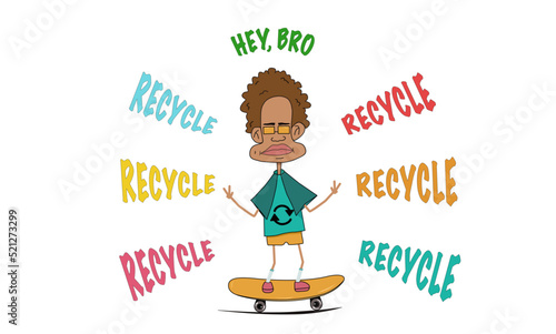 A recycling boy on a skateboard shows peace sing 