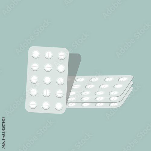 Vector illustration of batch of foil blister packs with medicine pills on turquoise blue background. Drugs development for treating disease healthcare concept