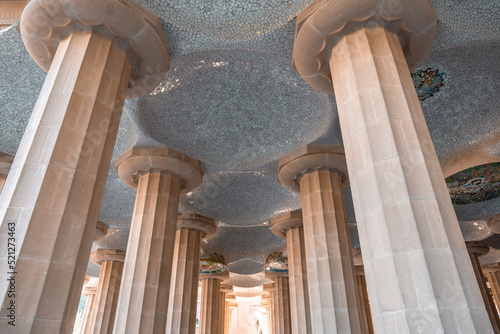 Photography Columns and ceiling in Park Guell designed with details and precision