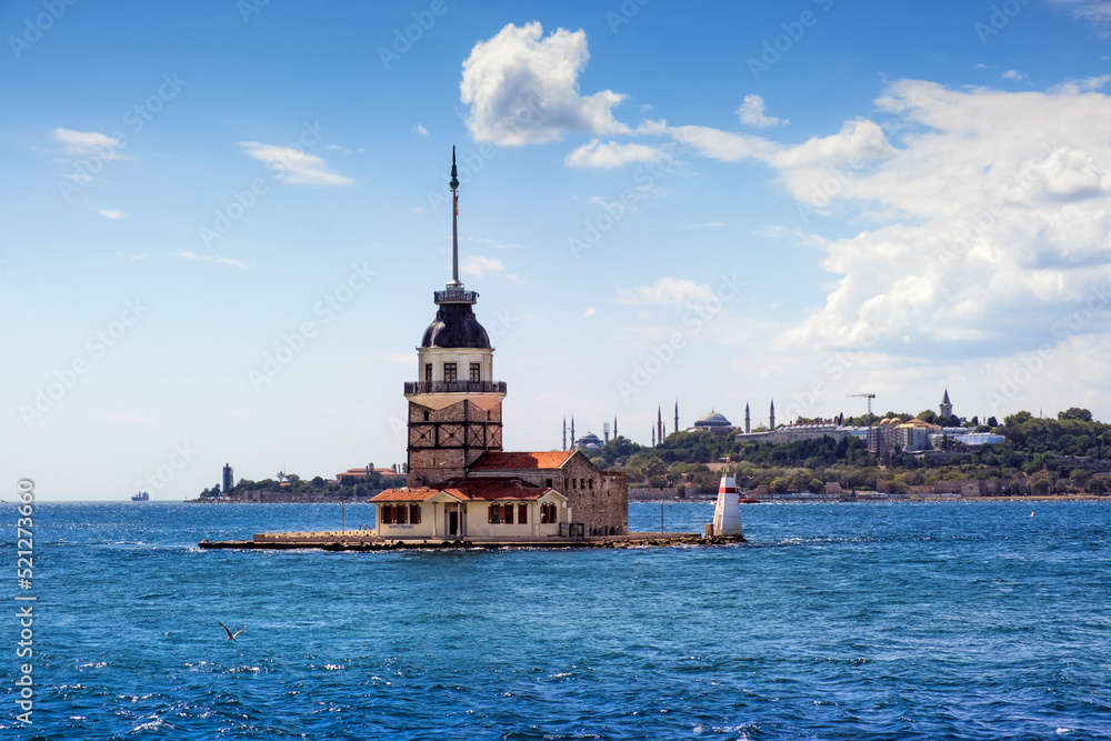 Bosphorus with famous Maiden Tower Kiz Kulesi in Istanbul in sunny day Bosphorus with famous Maiden Tower Kiz Kulesi in Istanbul in sunny day