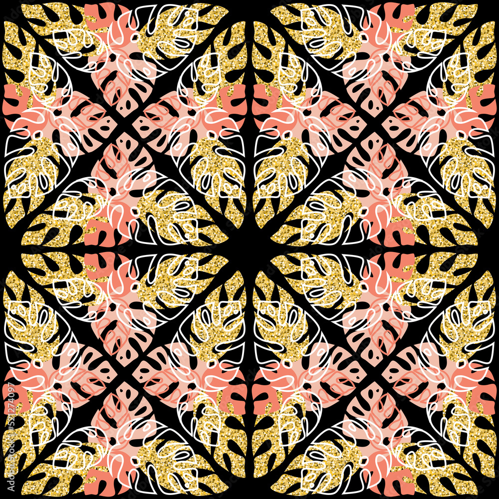 Gold leaf monstera palm tree pink jungle rainforest, seamless pattern black gold shimmer glitter background for design
