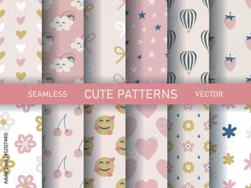 Set of seamless vector cute patterns. Collection of multicolor hand drawn scrapbook decoration backgrounds. For fabric, textile, banner, design, wrapping.