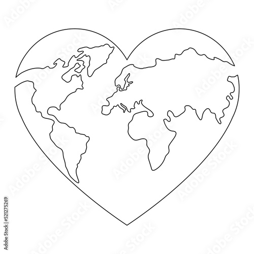 Earth globe continuous line drawing of the heart shape. Love world map one line art. Vector illustration isolated on white.