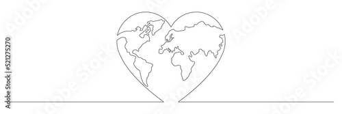 Earth globe continuous line drawing of the heart shape. Love world map one line art. Vector illustration isolated on white.