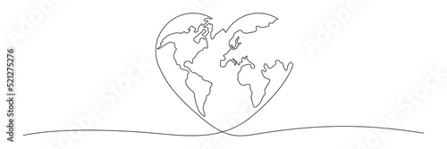 Earth globe continuous line drawing of the heart shape. Love world map one line art. Vector illustration isolated on white. #521275276