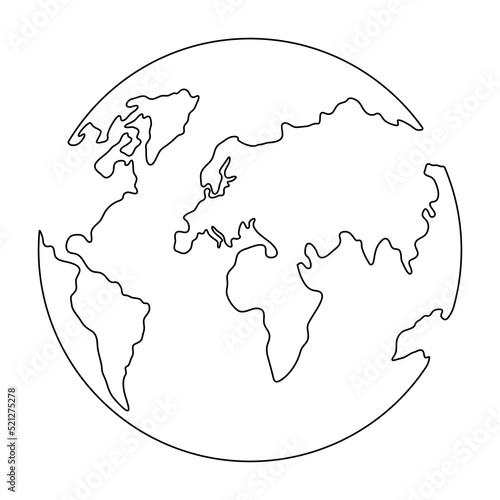 Earth continuous one line art. World map doodle line drawing. Earth globe hand drawn symbol. Vector illustration isolated on white background.