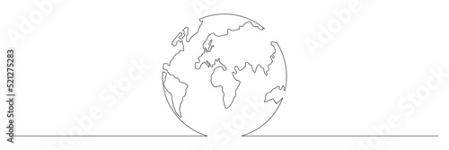 Earth globe one line art. Continuous World map doodle line drawing. Earth map hand drawn symbol. Vector illustration isolated on white background.