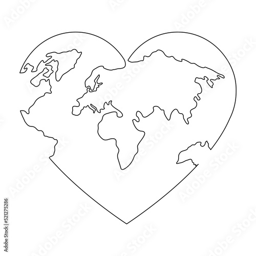 Earth globe continuous line drawing of the heart shape. Love world map one line art. Vector illustration isolated on white.