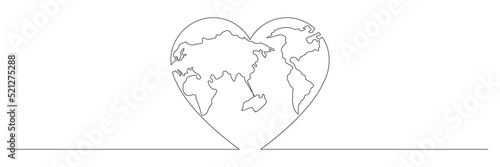 Earth globe continuous line drawing of the heart shape. Love world map one line art. Vector illustration isolated on white.