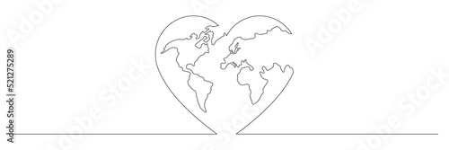 Earth globe continuous line drawing of the heart shape. Love world map one line art. Vector illustration isolated on white.