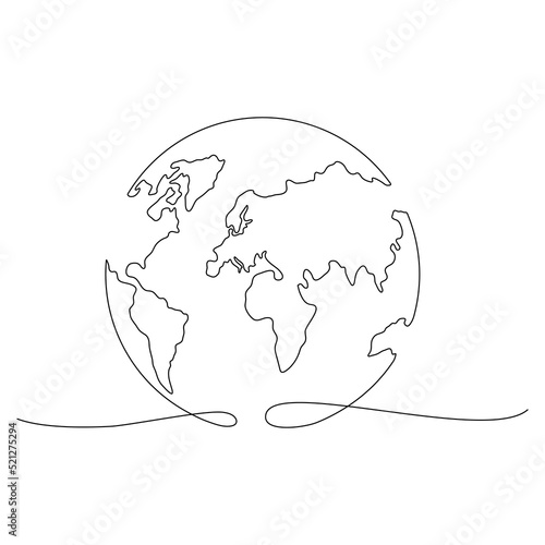 World map one line art. Continuous Earth doodle line drawing. Earth globe hand drawn symbol. Vector illustration isolated on white background.