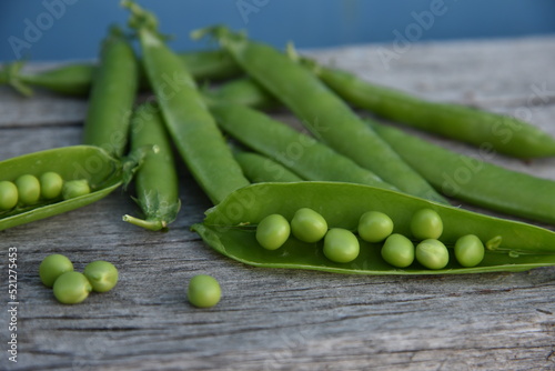 Pods of fresh green peas on a gray background