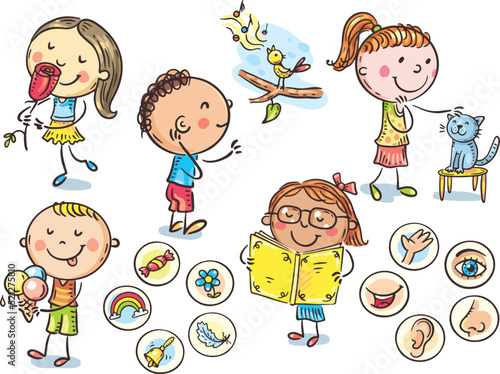 Children showing five senses: smell, hear, sight, taste, touch