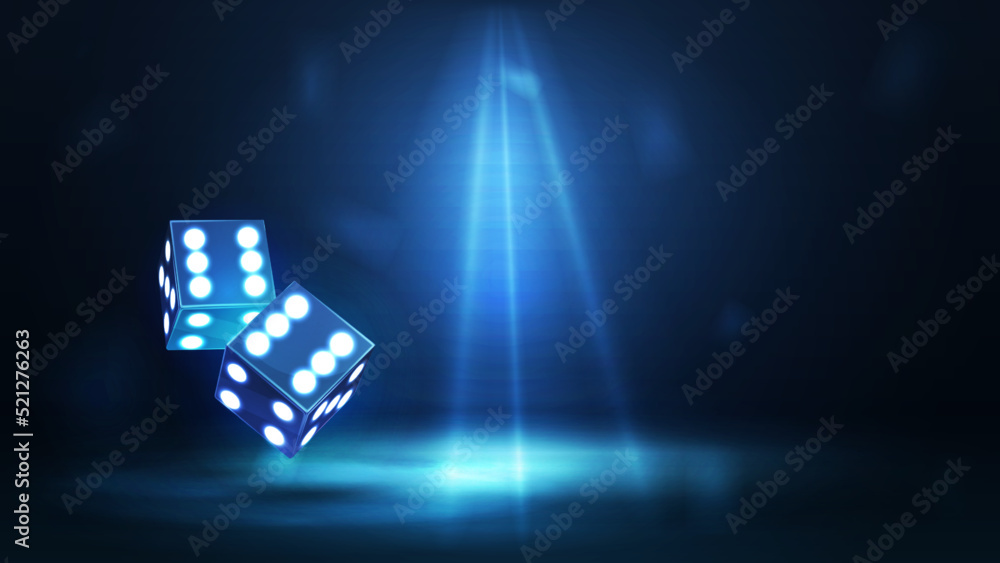 Blue neon 3D dice in dark empty scene with lighting of spotlights Blue neon 3D dice in dark empty scene with lighting of spotlights