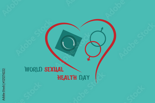 World Sexual Health Day vector concept: gender icons with condom inside heart icon on blue background